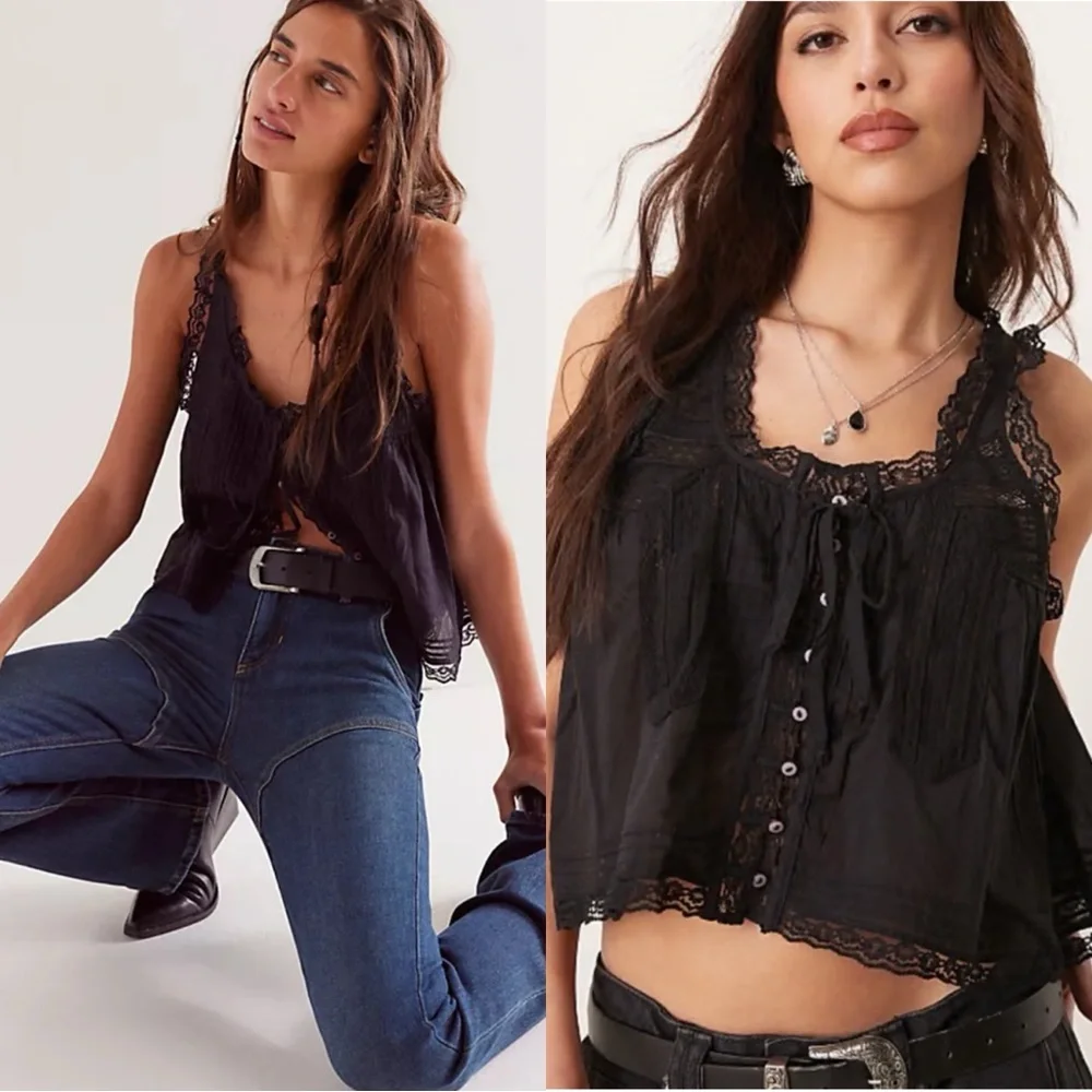 FREE PEOPLE Evermore Lace Button Down Ruffle Black Cami Tank Top - Picture 1 of 8